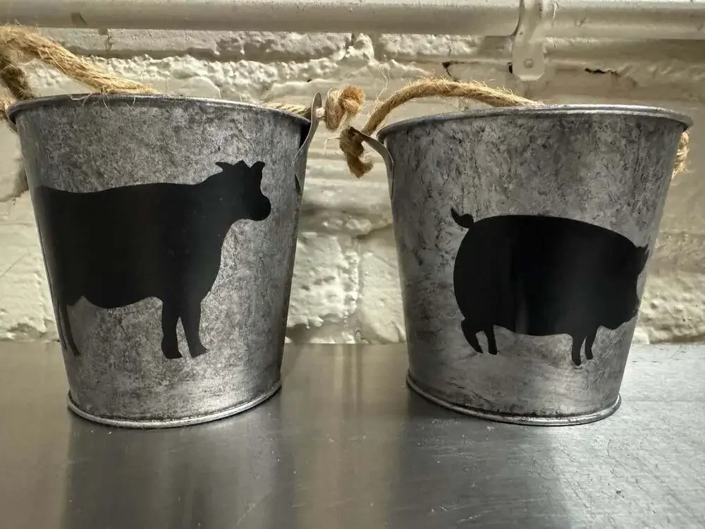 Rustic Galvanized Metal Farm Animal Buckets with Rope Handles - Cow and Pig Set